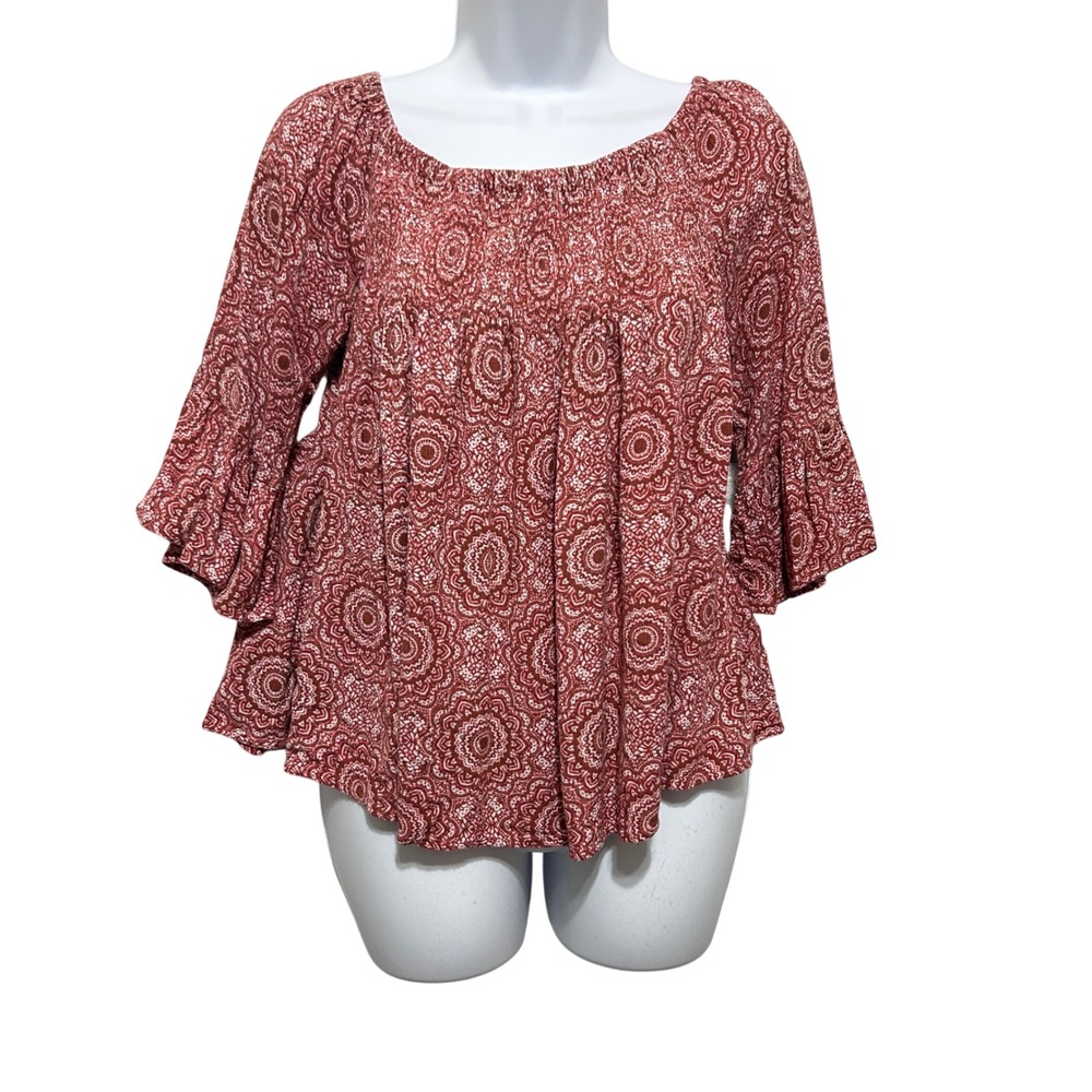 Altar'd‎ State Women Boho Indie Top S Burgandy Mandala Smocked Ruffle Sleeve